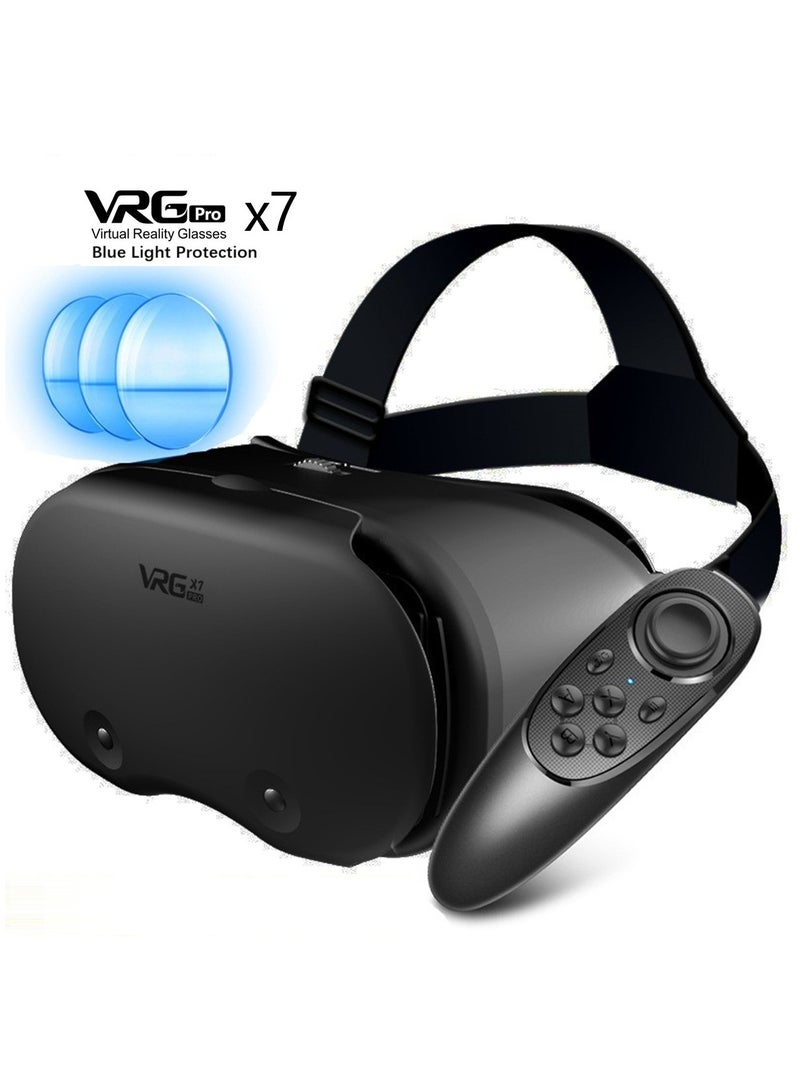 VRG VR Goggles VRG Pro X7 3D Virtual Reality VR Glasses, Blue Light Protection + Controller for Movies & Video Games Compatible with iOS & Android Smartphone within 5-7inch Screen Phone Eye Protected Soft & Comfortable Adjustable Distance Big Screen/ 3D Effect + Immersion /Full-Screen Vision, Full Screen, No Borders/ Immersive Games - Image 1